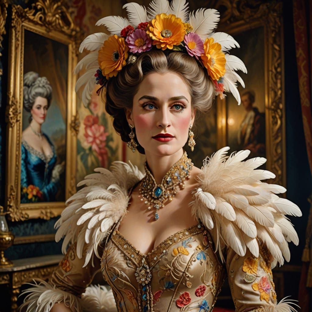 Rococo Portrait: Woman in Feathered Dress with Diamonds