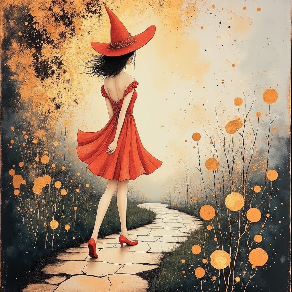 Black Rose Witch in 18th Century Fashion on Dreamy Pathway