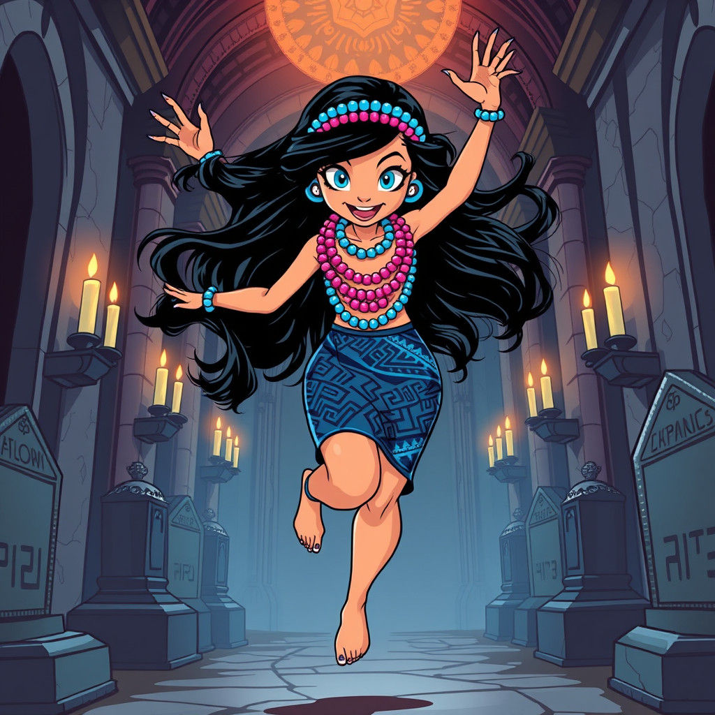 Aztec Woman's Joyful Dance in Gothic Mausoleum