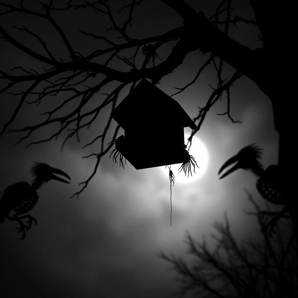Ominous Haunted Birdhouse with Raven Skeletons