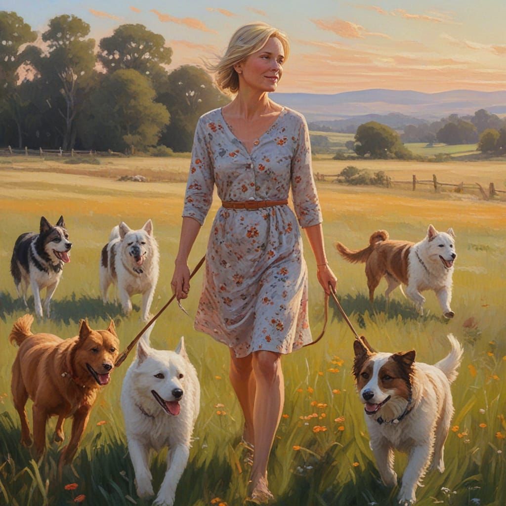 Impressionist Woman Walking with Animals in Field