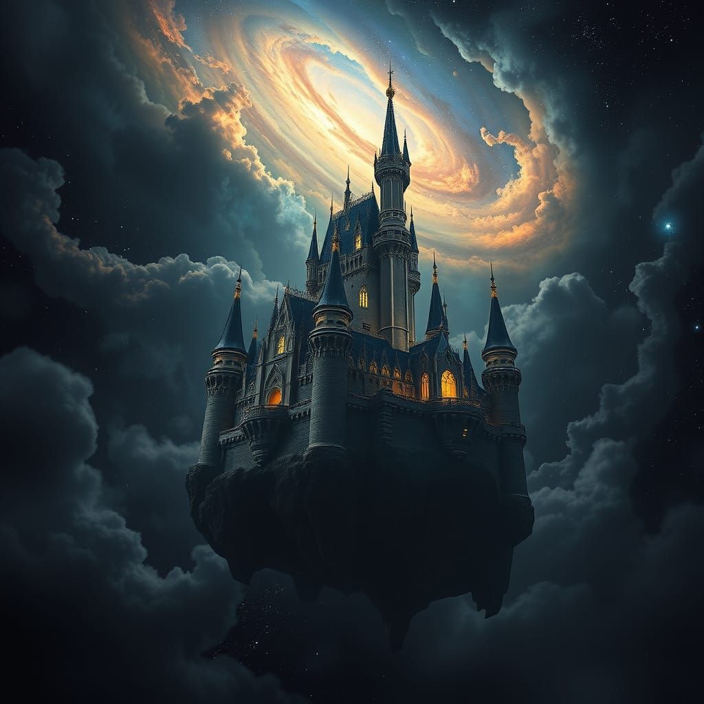 Floating Castle in Space, Hyperrealistic Digital Art