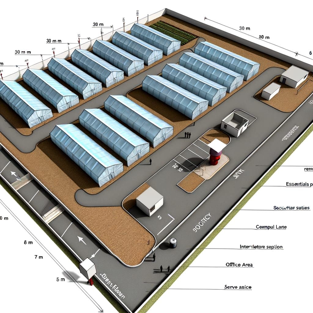 Top-Down Farm Layout with Greenhouses and Facilities
