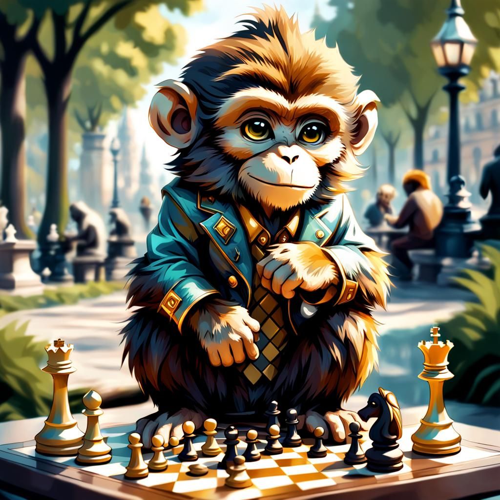 Chibi Monkey Playing Chess in the Park (Careful! He cheats!)