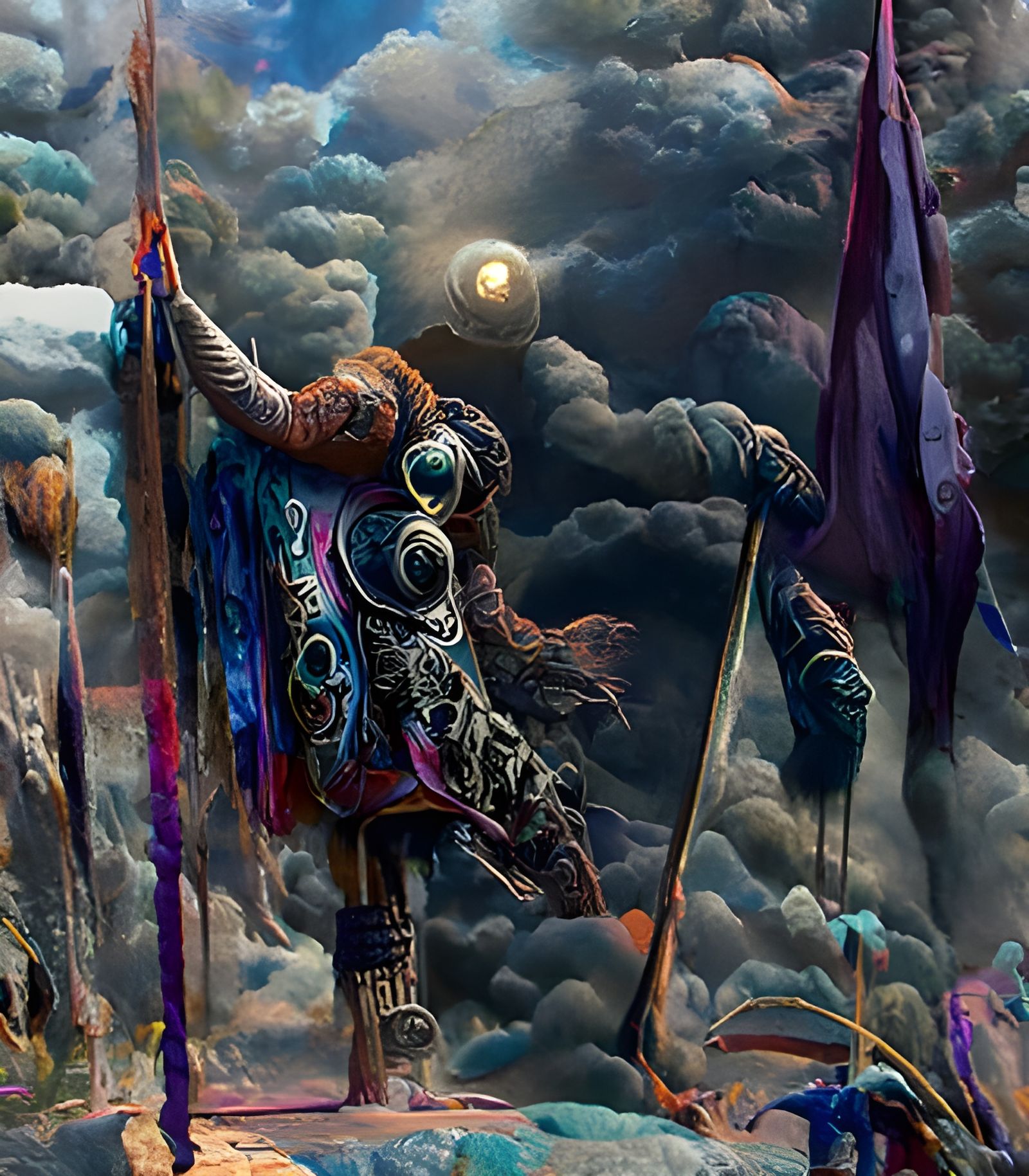 Warrior Raising Banner in Psychedelic Film Noir