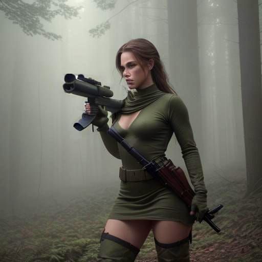 Glamorous Soldier Fires Rifle in Forest: Cinematic Still