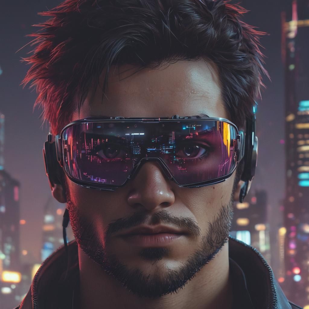 Cyberpunk 2099 Portrait with VR Headset and Neon Cityscape