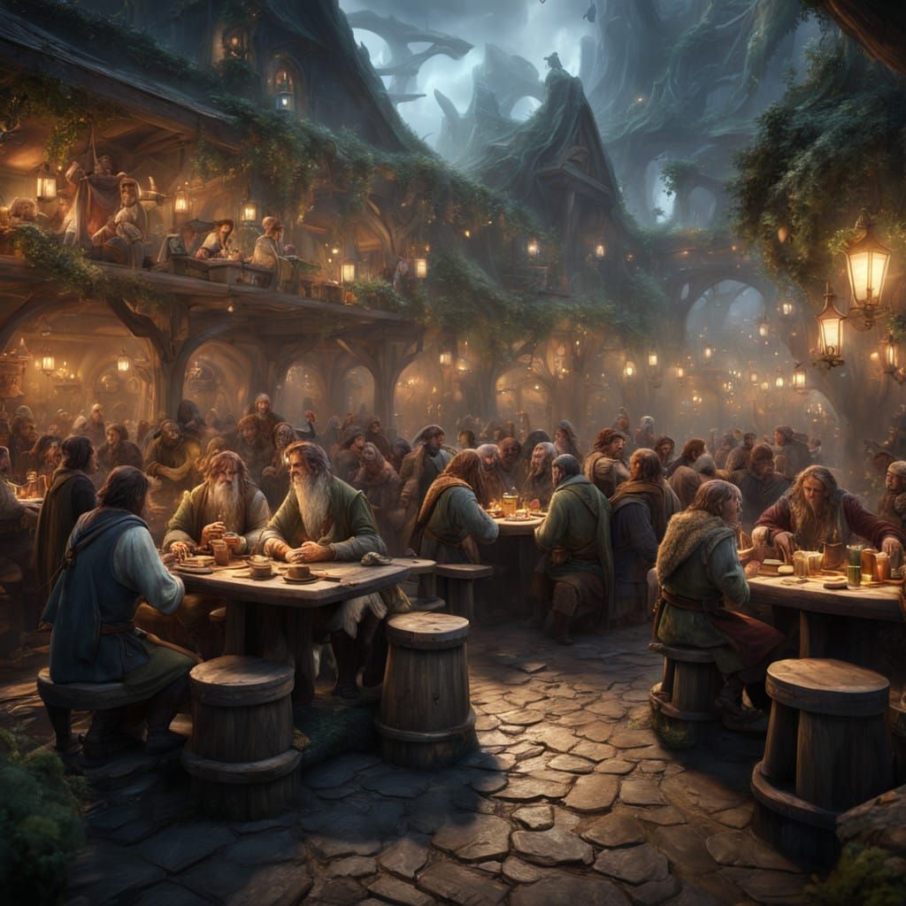 Surreal Hobbit Night Cafe in Deep Fantasy Color
