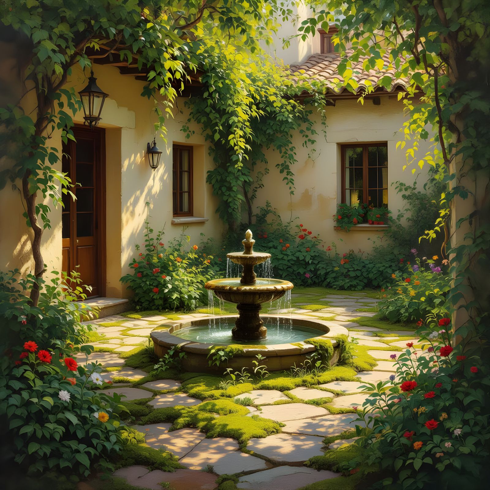 Nature's Rustic Embrace: Detailed Oil Painting Courtyard
