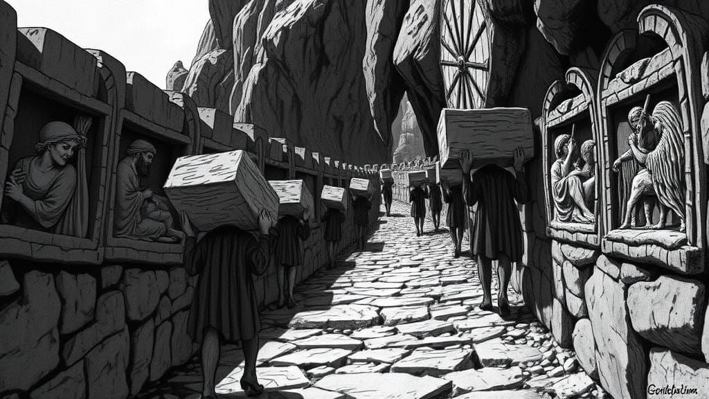 Angels Ascend a Steep Path in Cinematic Renaissance Style