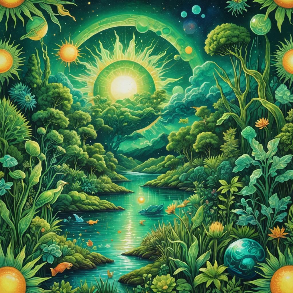 Lush Green Planet with Sun in Cosmic Illustration