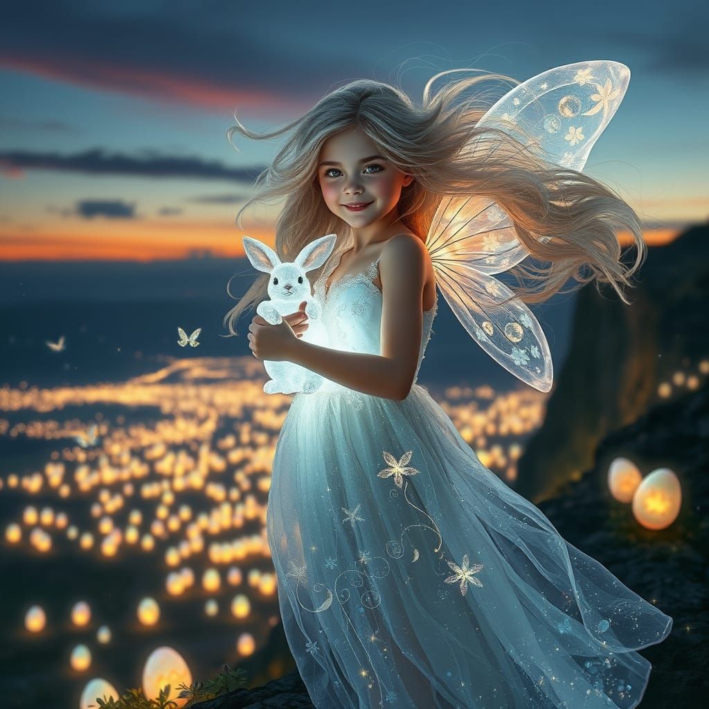 Ethereal Fairy Cradles Glowing Easter Bunny on Windswept Cli...