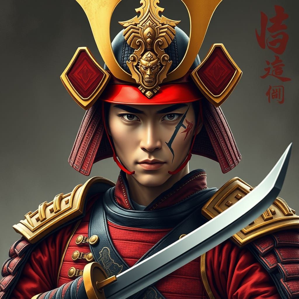 Realistic Samurai X Warrior in Red and Gold Armor