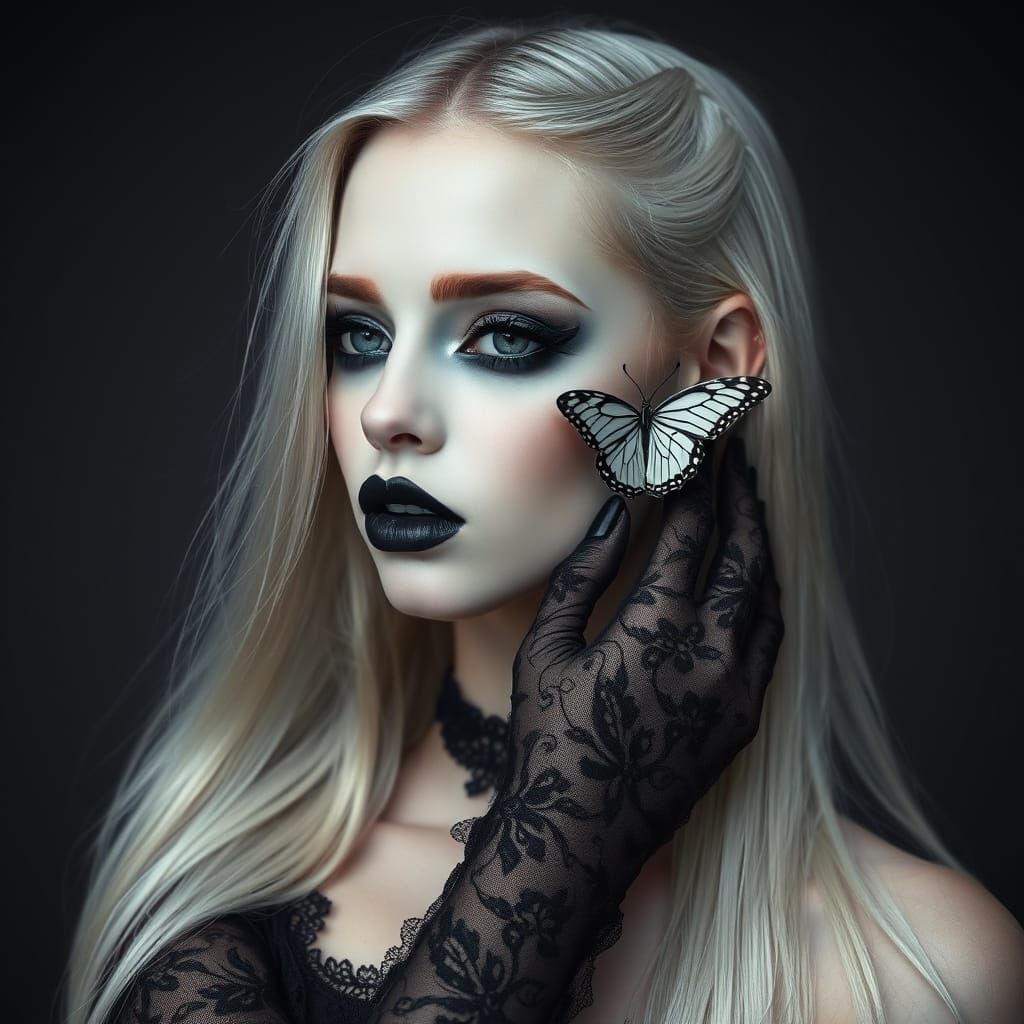 Gothic Woman with Butterfly in Art Nouveau Style