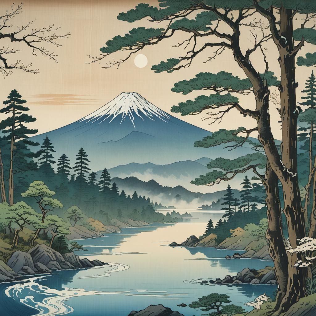 Mount Fuji Landscape in Ukiyo-e Style