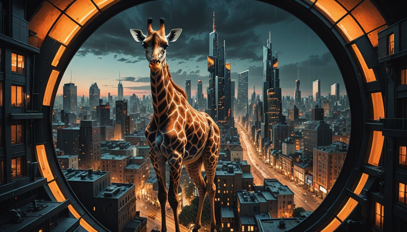 Surreal Cityscape Merges with a Giraffe in a Nightmarescape