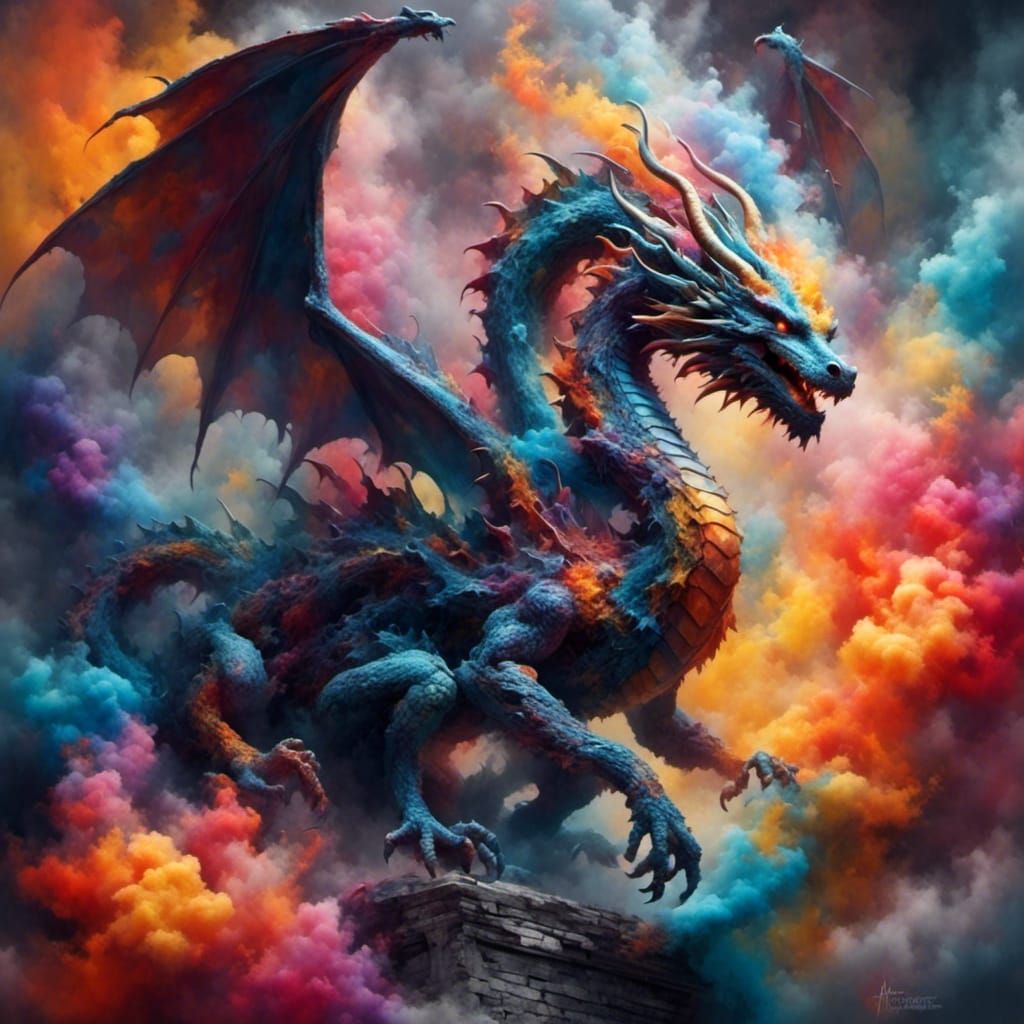 Colorful Fractal Dragon Breathing Fire in Graffiti Art