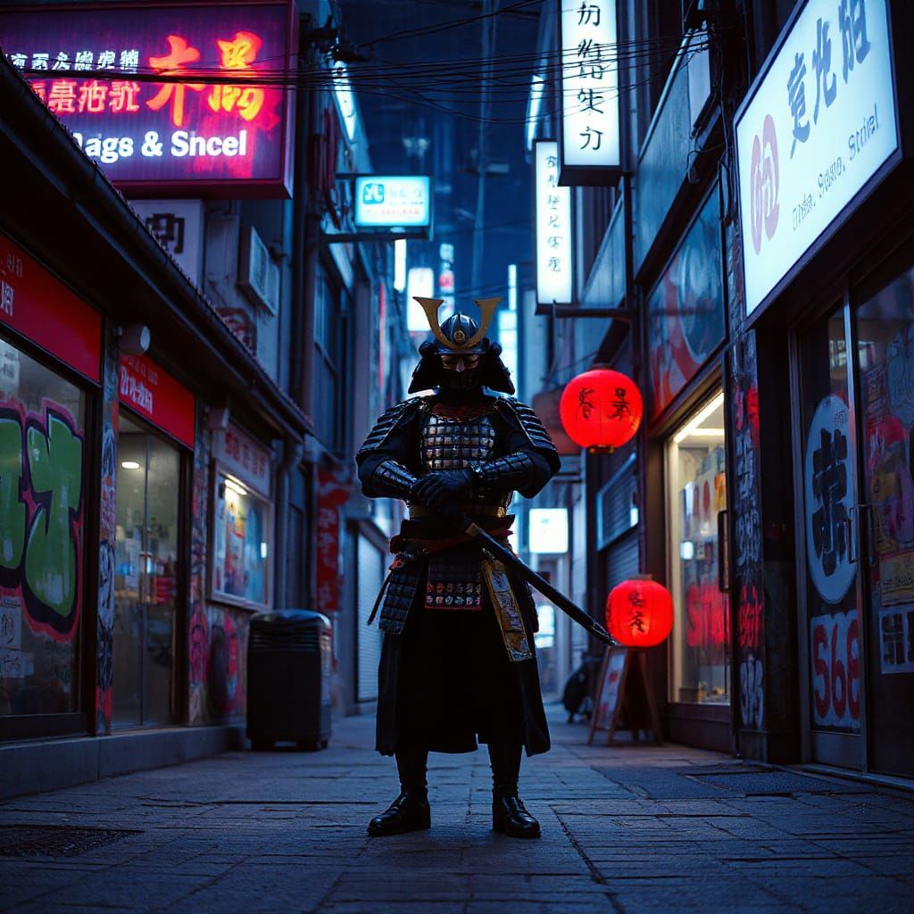 Samurai in Cyberpunk Osaka Alleyway
