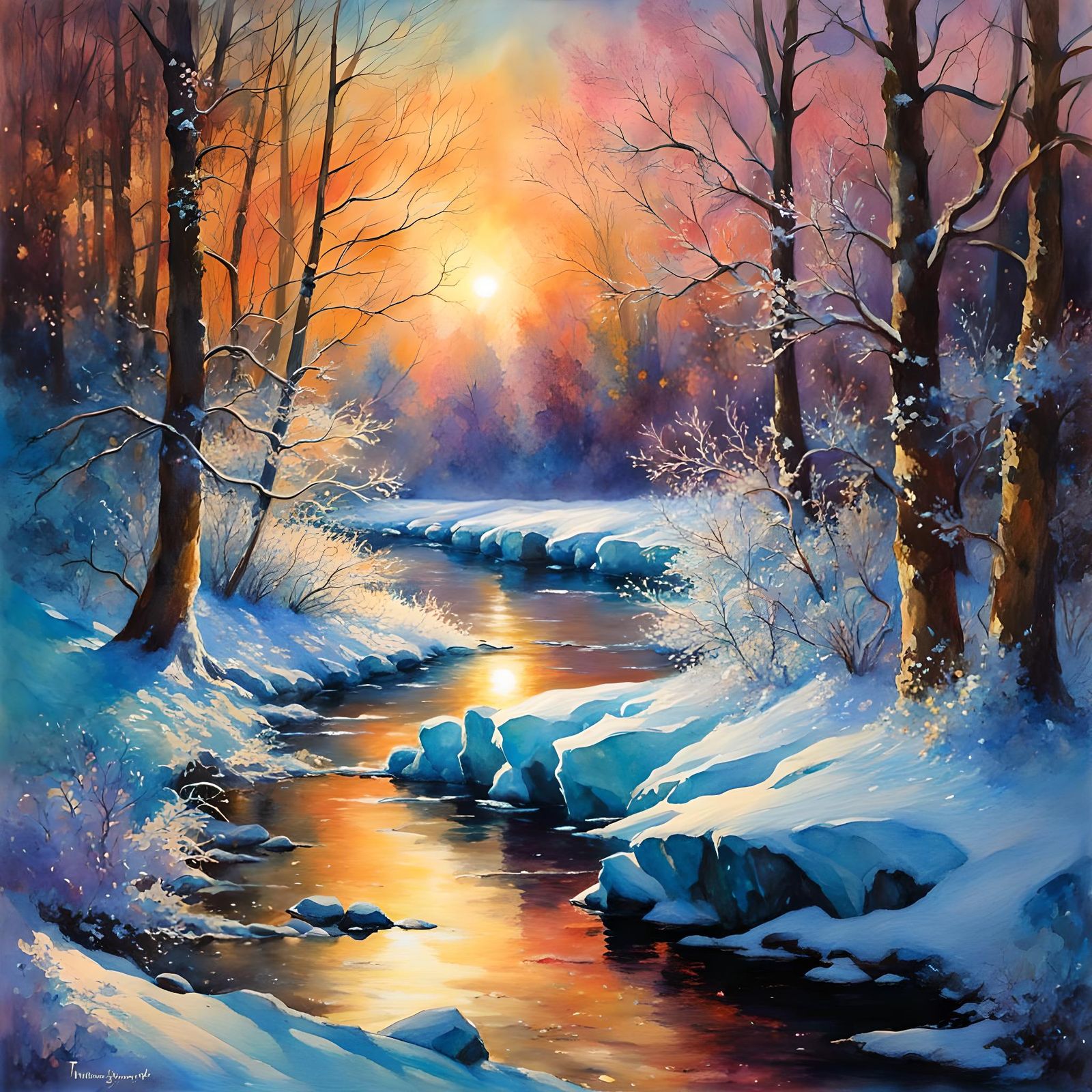 Glowing Ice Crystals Landscape in Watercolor and Ink