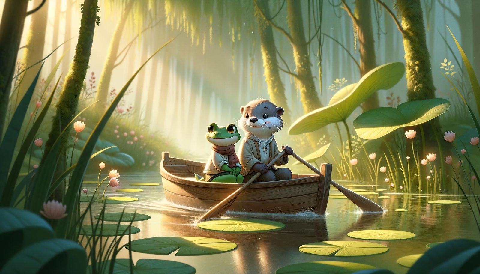 Frog and Otter's Peaceful Escape in a Boat