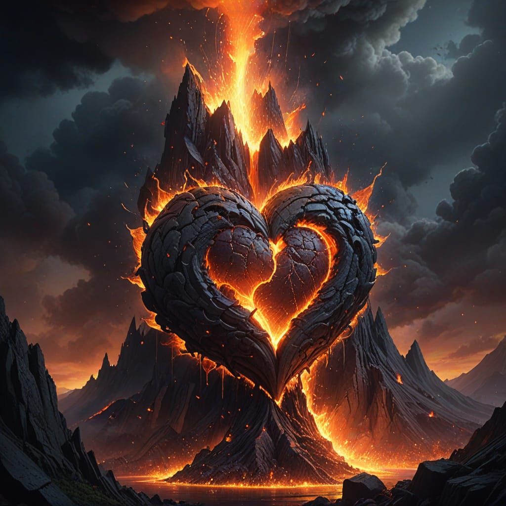 Erupting Volcano with Heart-Shaped Flames in Vibrant, Golden...