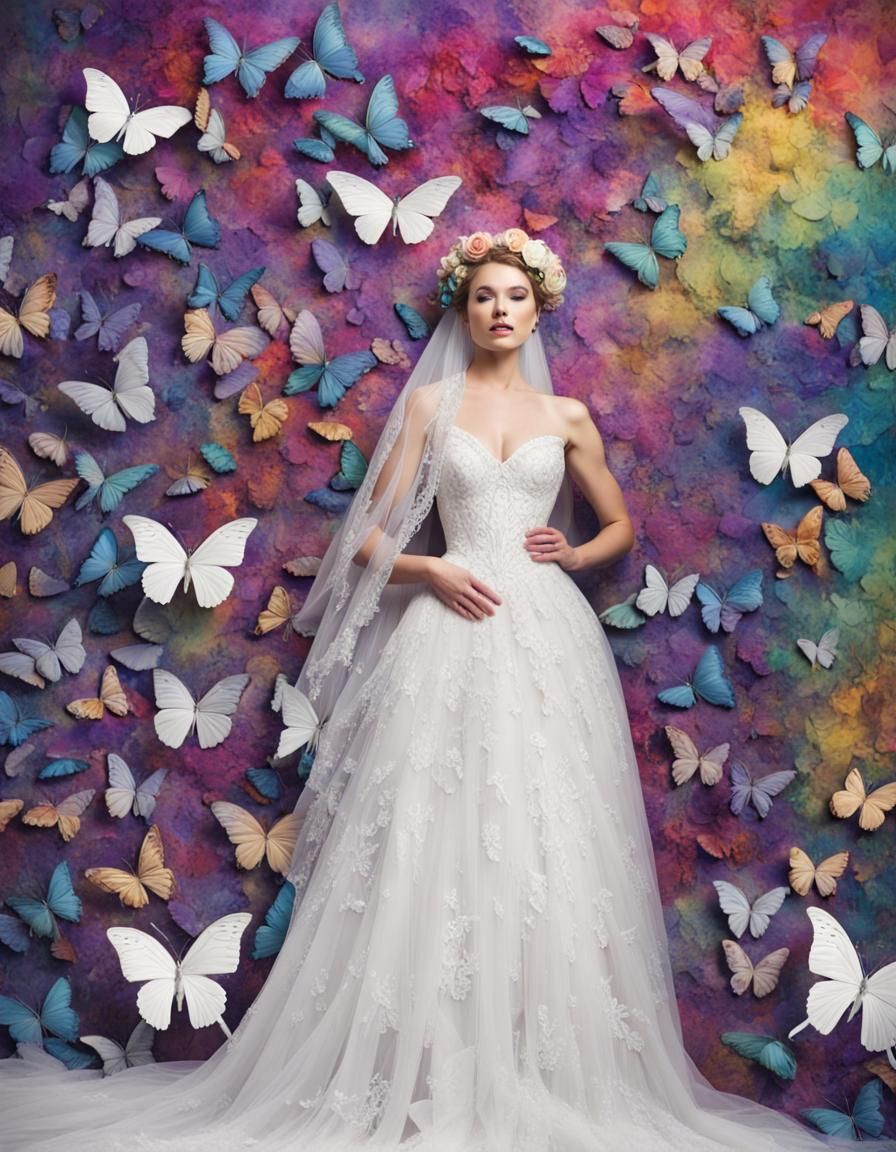 Bride Surrounded by Rainbow Butterflies