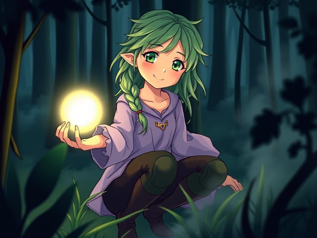 Whimsical Elven Mage Illuminates the Dark Forest