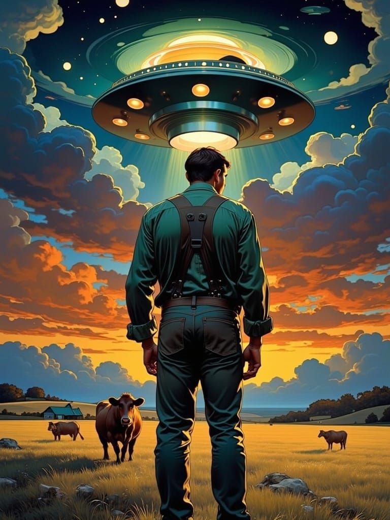 Mid-20th Century Alien Abduction in Retro-Futuristic Style