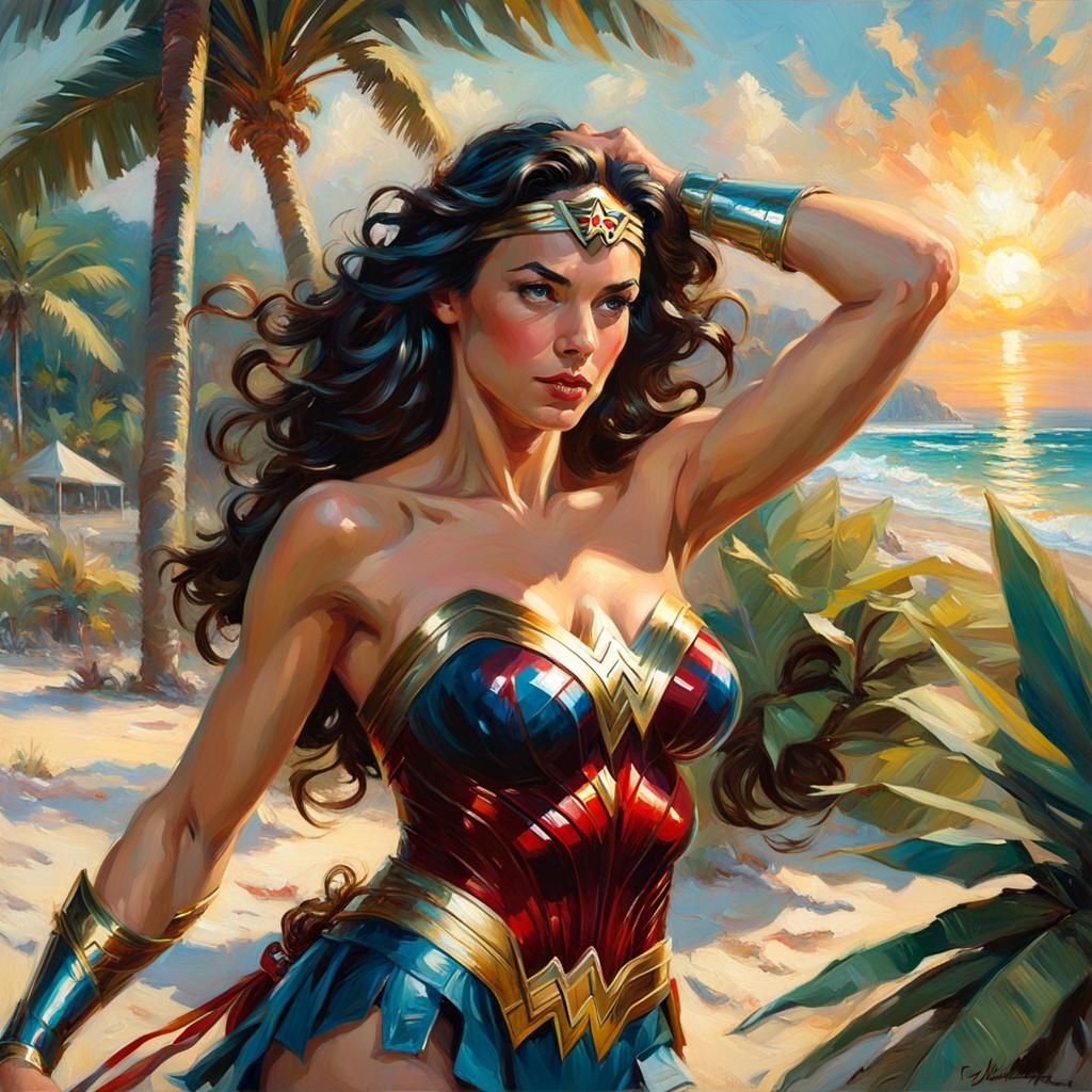 Beautiful “Wonder Woman” sunbathing on a tropical beach. Ris...