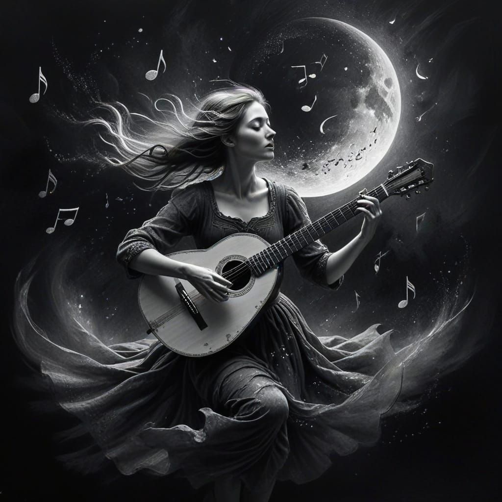 Ethereal Lute Player Soars Through Moonlight