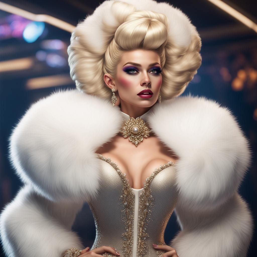 Blonde Drag Queen with Bouffant in Fur Coat