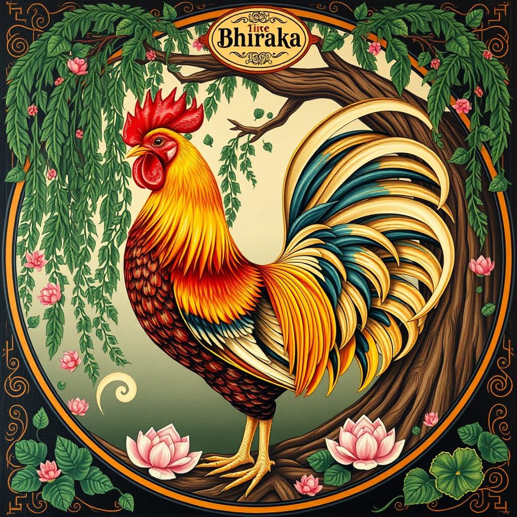 Majestic Hen Under Willow Tree in Art Nouveau Style