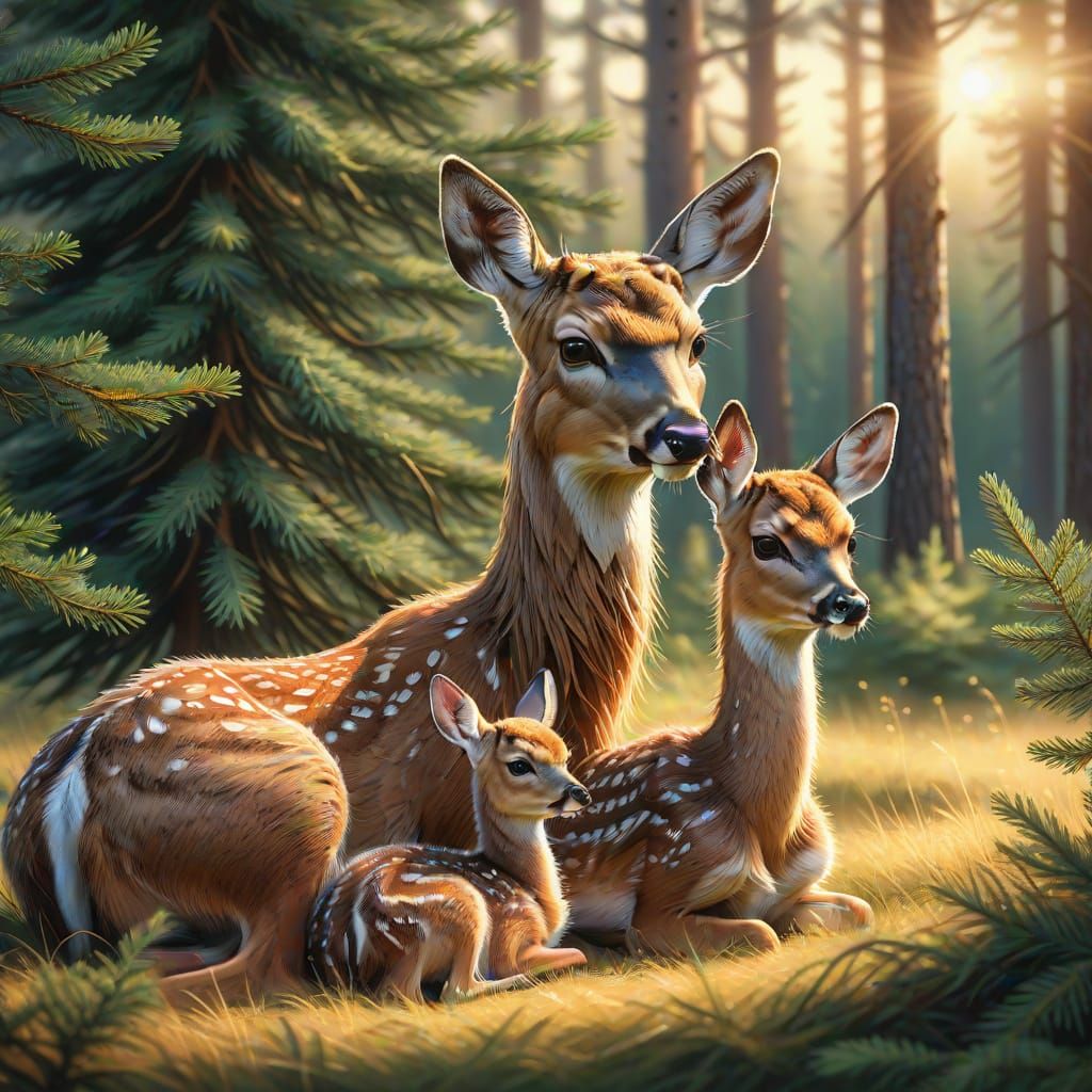 Mother Deer and Fawn in Sun-Dappled Forest