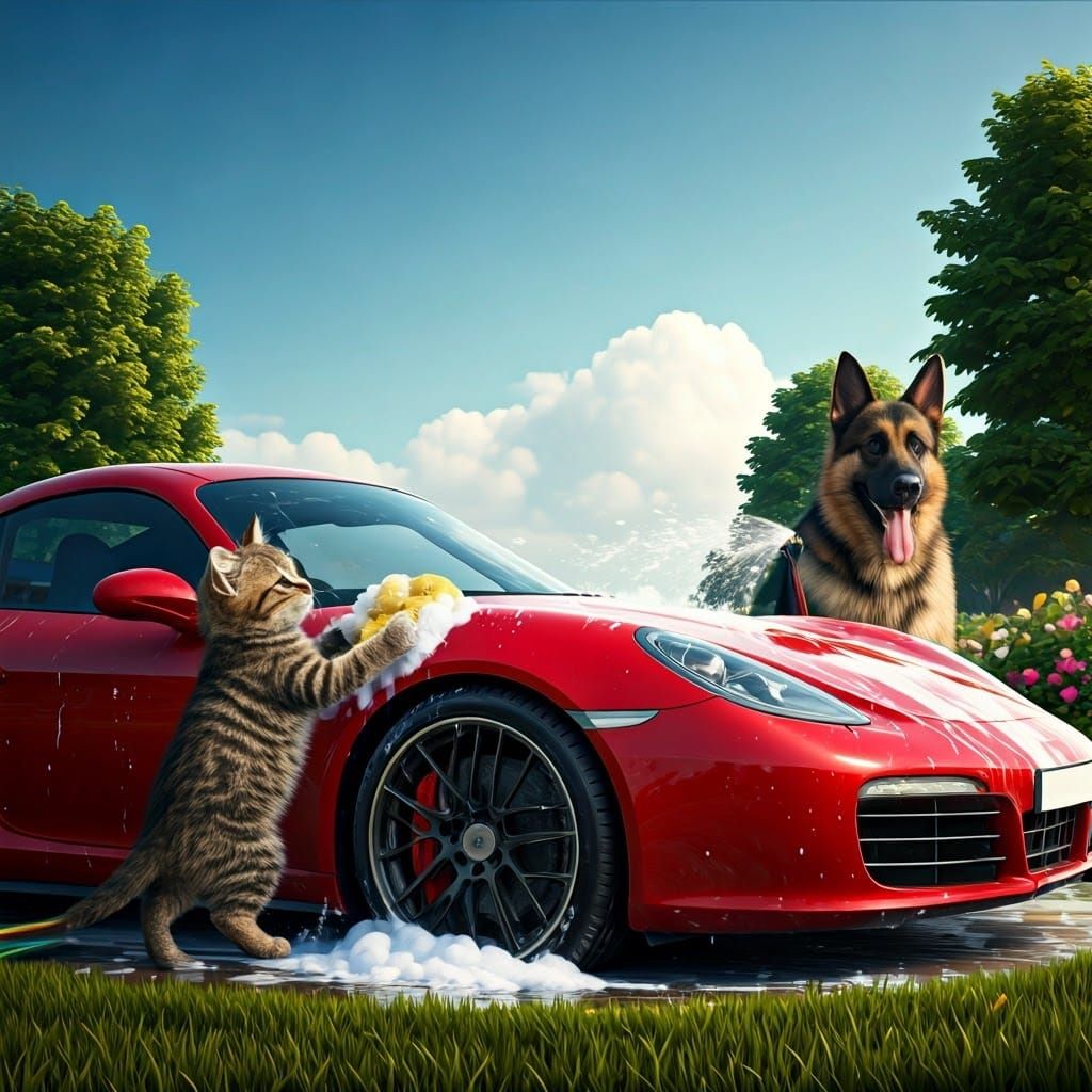 Kitten and German Shepherd Joyfully Wash Red Sports Car Toge...