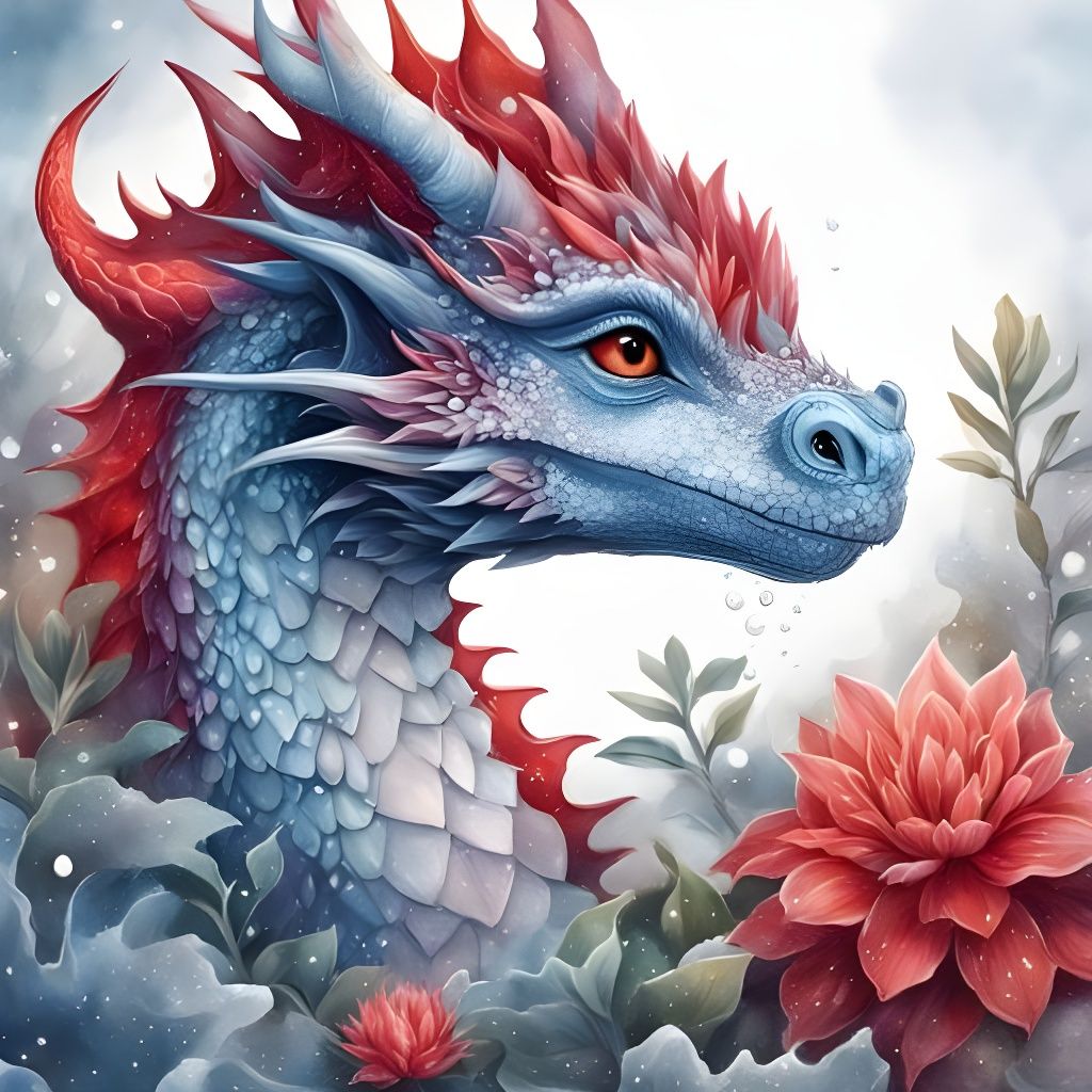 Adorable Red Ice Dragon Portrait with Magical Plants