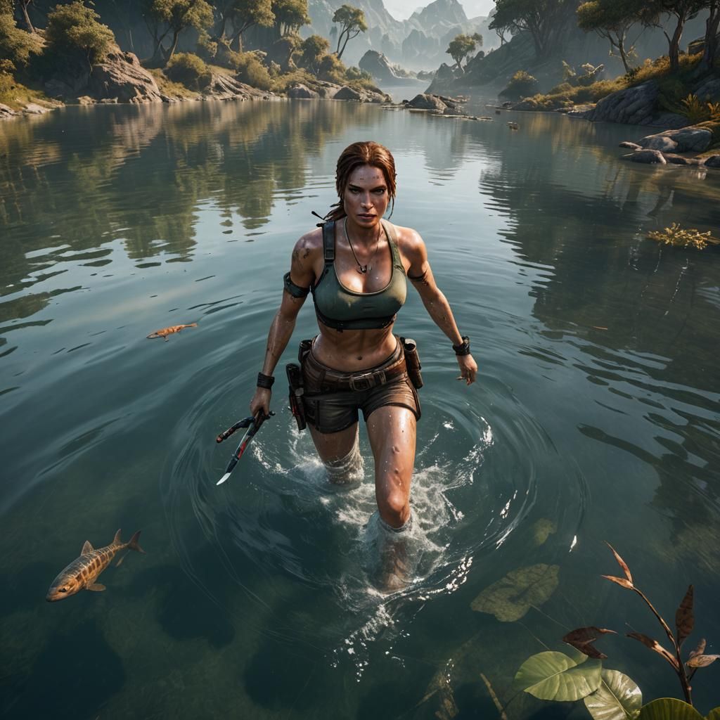 Lara Croft Swimming: Detailed Fantasy Art