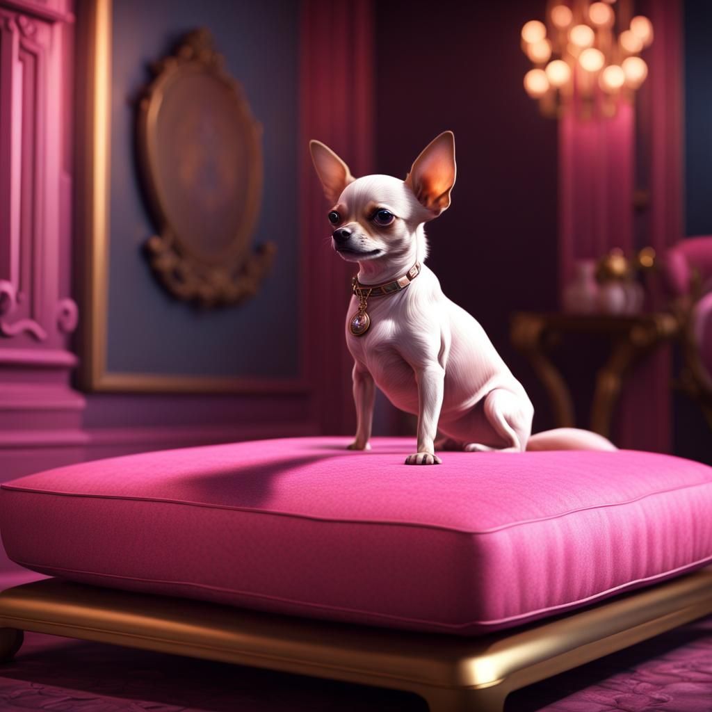 Chihuahua on Pink Cushion: Detailed Matte Painting
