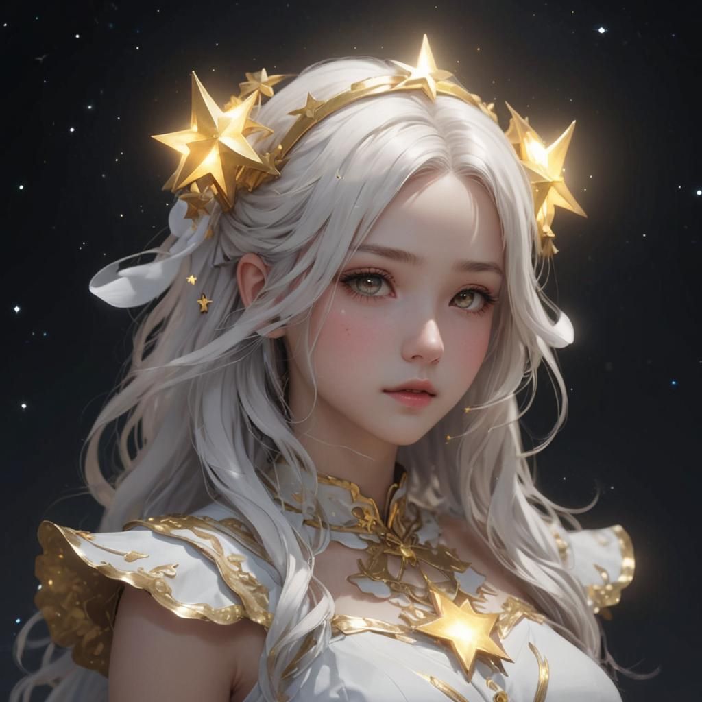 Golden-Haired Girl with Glowing Lamp in Starry Sky