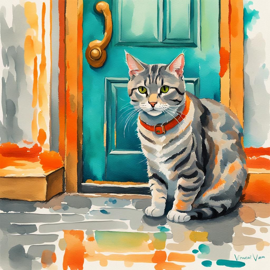 Grey Tabby Cat Waits, Watercolor Abstract Expressionism