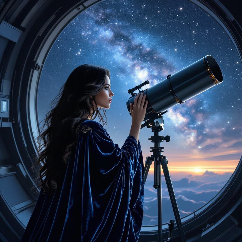 Celestial Woman Gazing Through Observatory Telescope