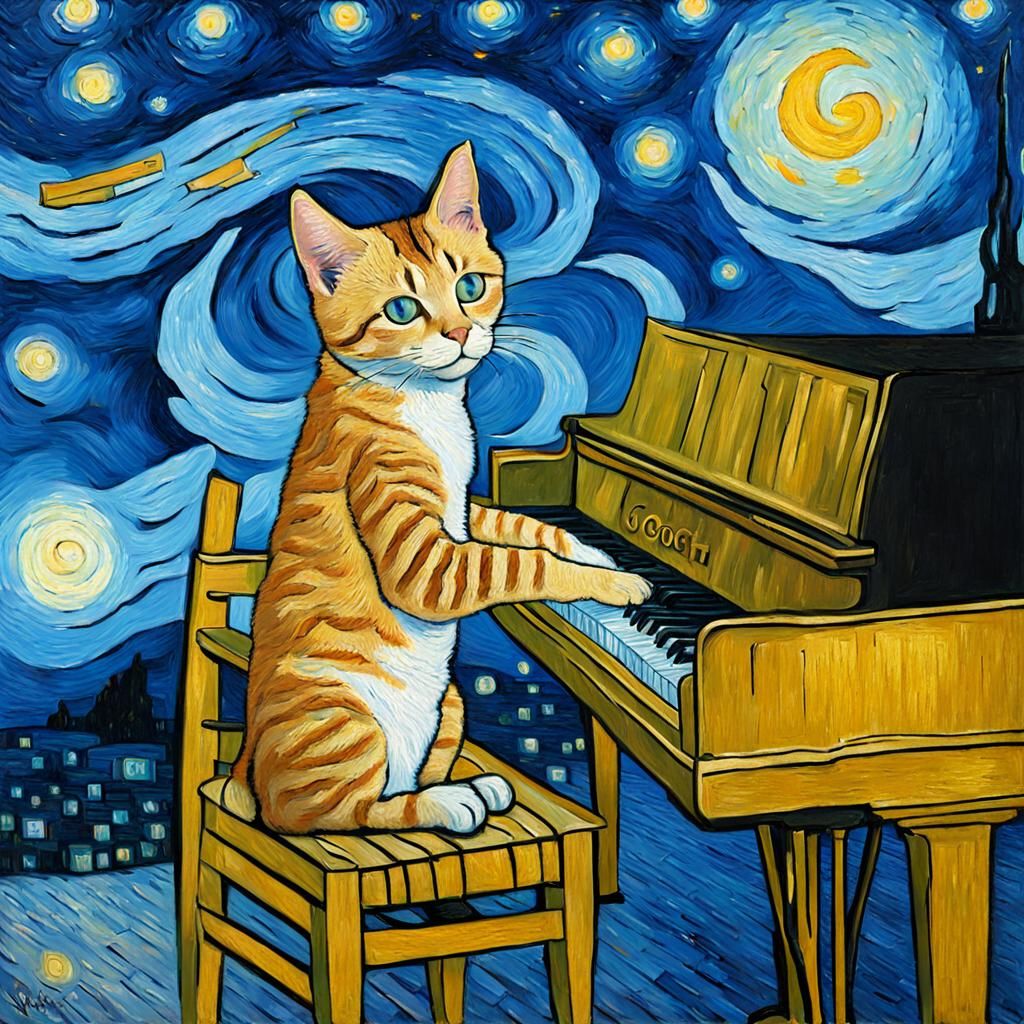 Blue-Eyed Cat Plays Piano in Van Gogh Style