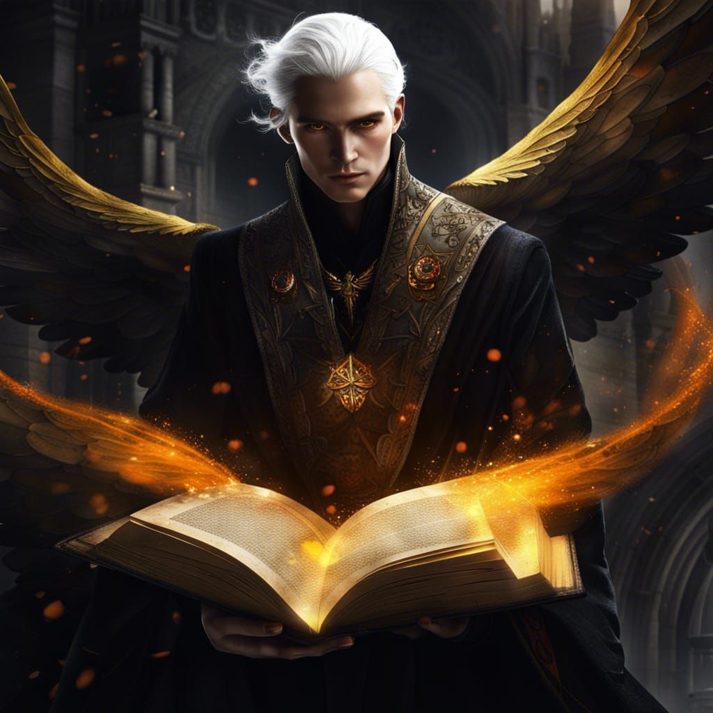 Aasimar with Stone Wings and Magic Book