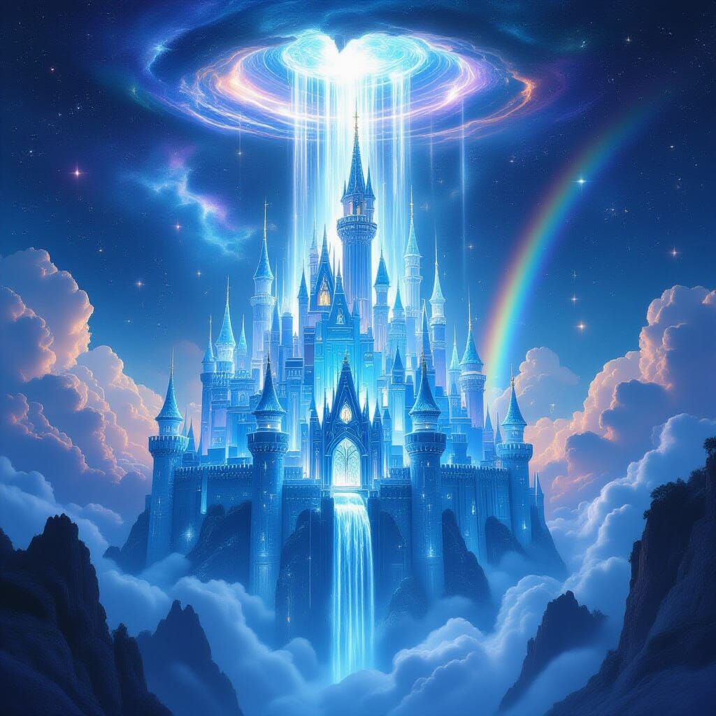 Ethereal Glass Castle Floating in Nebula