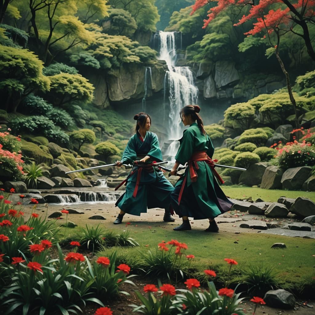 Samurai Women Clash in Garden, Ukiyo-e Style