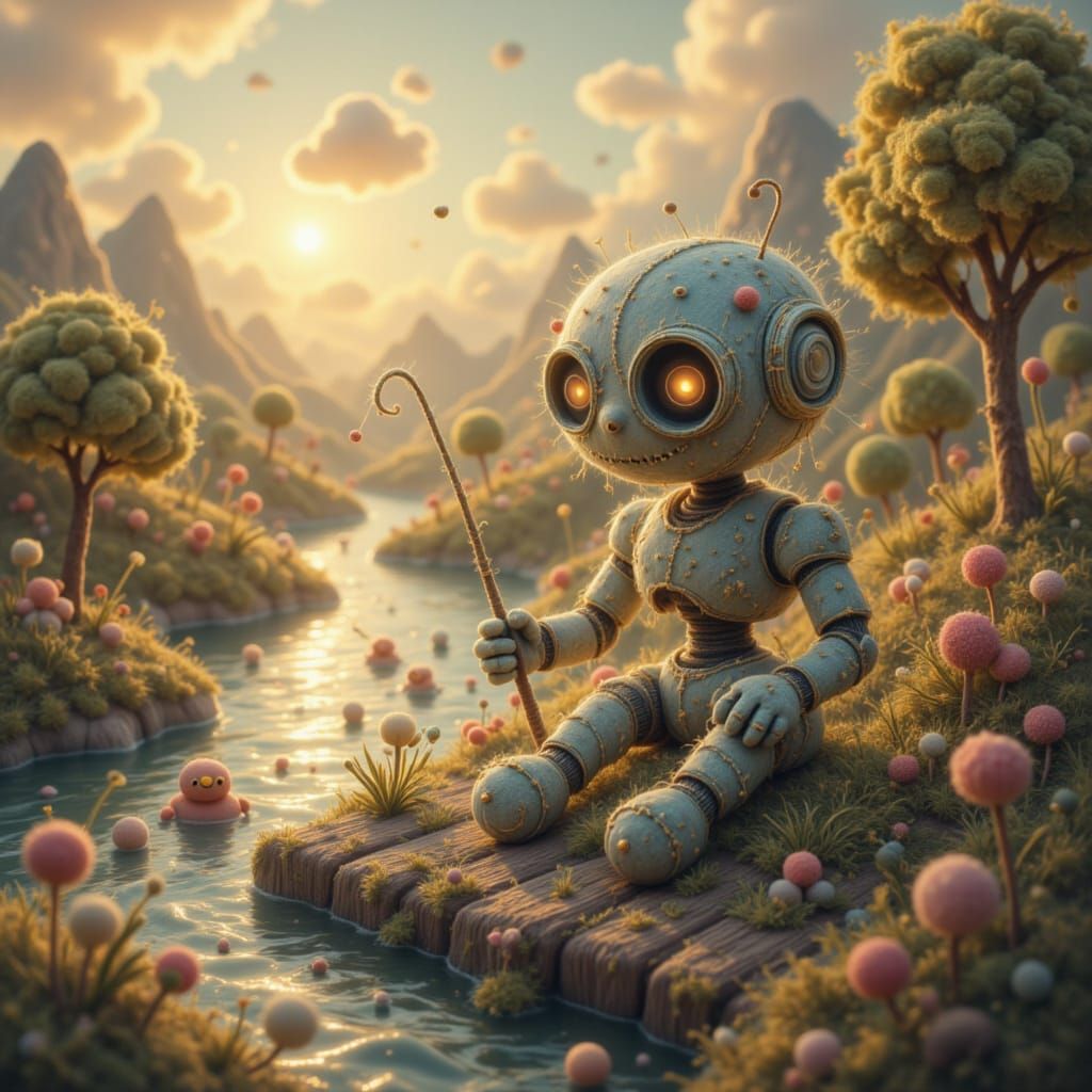Cute Robot Fishing at Golden Hour