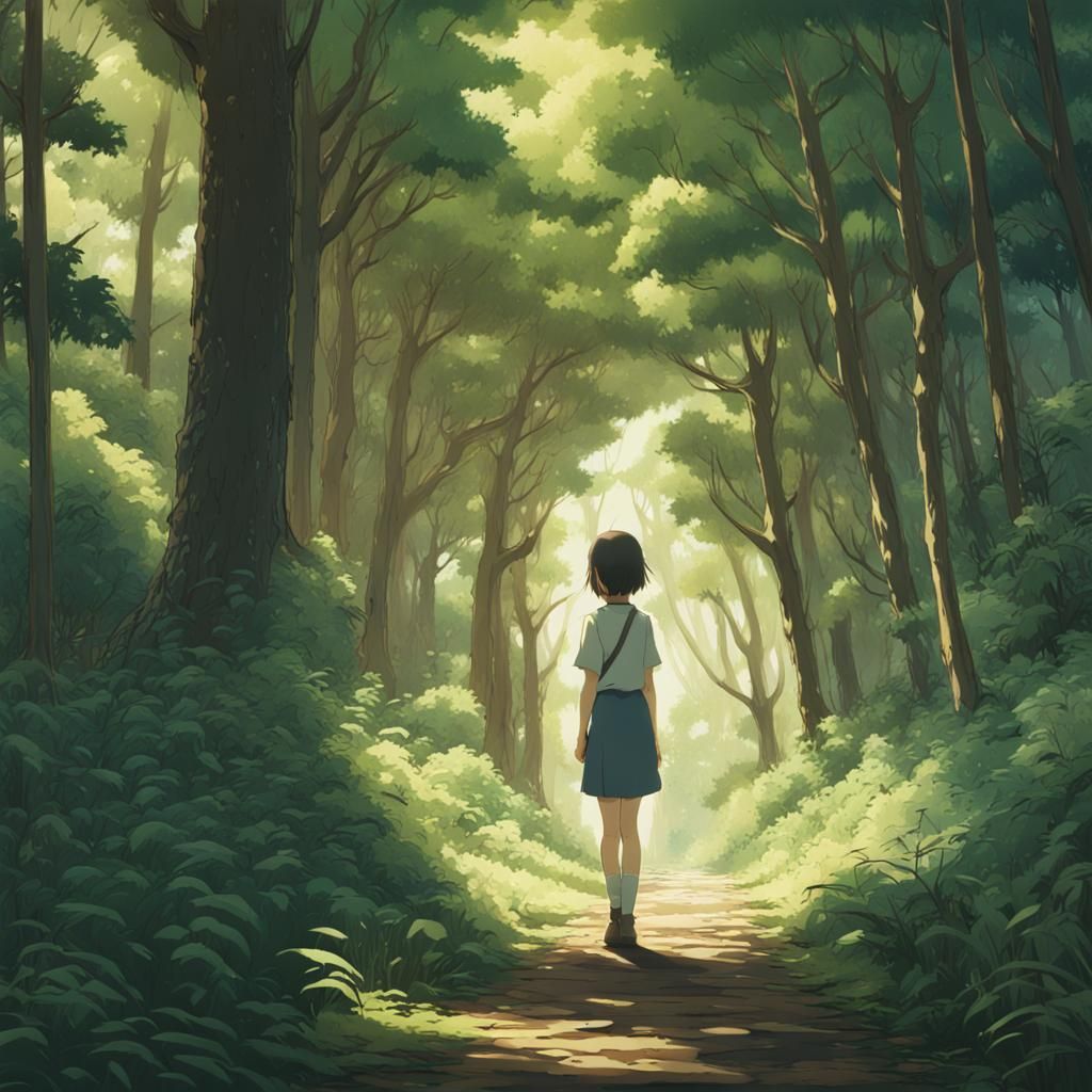 Studio Ghibli Girl in Forest, Anime Style