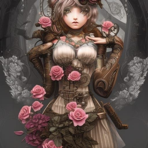 Intricate Roses in Retro Anime Steampunk Style