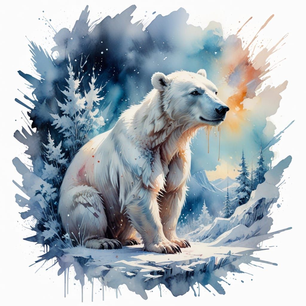 Polar Bear in a Winter Landscape with Soft Watercolour Hues