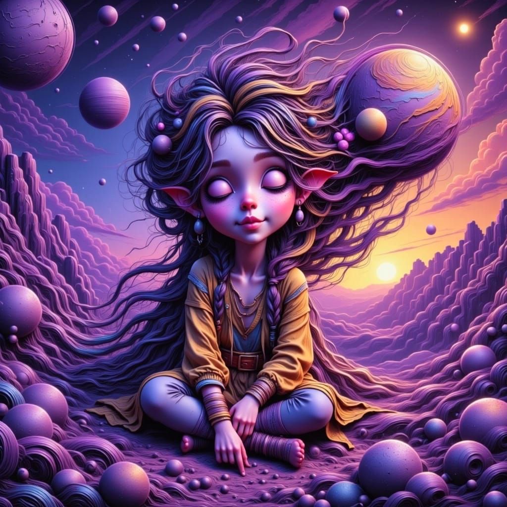 Dreamy Cosmic Girl in Vibrant Sunset Colors