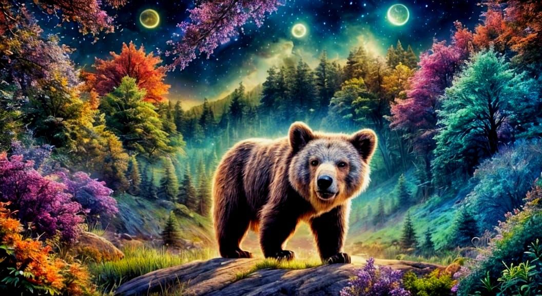 Cosmic Bear in Vibrant Forest with Glittering Stars and Flow...